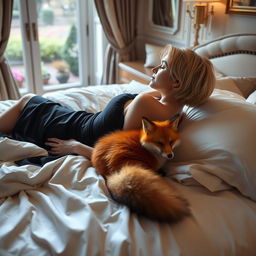 A blonde woman with short hair lying on her back in a black dress, with a fox on the bed