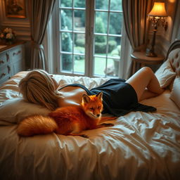 A blonde woman with short hair lying on her back in a black dress, with a fox on the bed