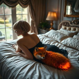 A blonde woman with short hair lying on her back in a black dress, with a fox on the bed