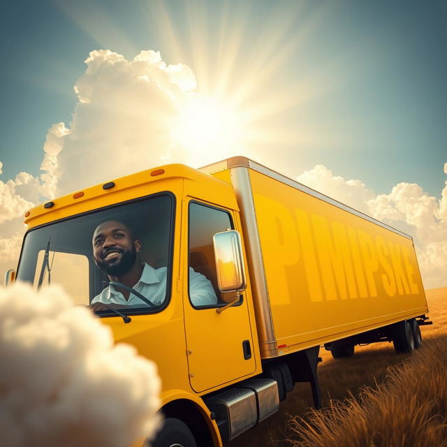 A Black man, wearing a white shirt, confidently driving an all-yellow box truck in a surreal and divine heavenly setting