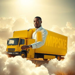 A Black man, wearing a white shirt, confidently driving an all-yellow box truck in a surreal and divine heavenly setting