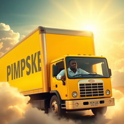 A Black man, wearing a white shirt, confidently driving an all-yellow box truck in a surreal and divine heavenly setting