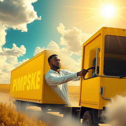 A Black man, wearing a white shirt, confidently driving an all-yellow box truck in a surreal and divine heavenly setting