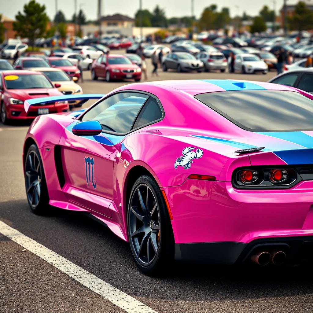 A pink and blue Hellcat sports car parked in a realistic parking lot, adorned with a Cancer zodiac sign sticker on its side