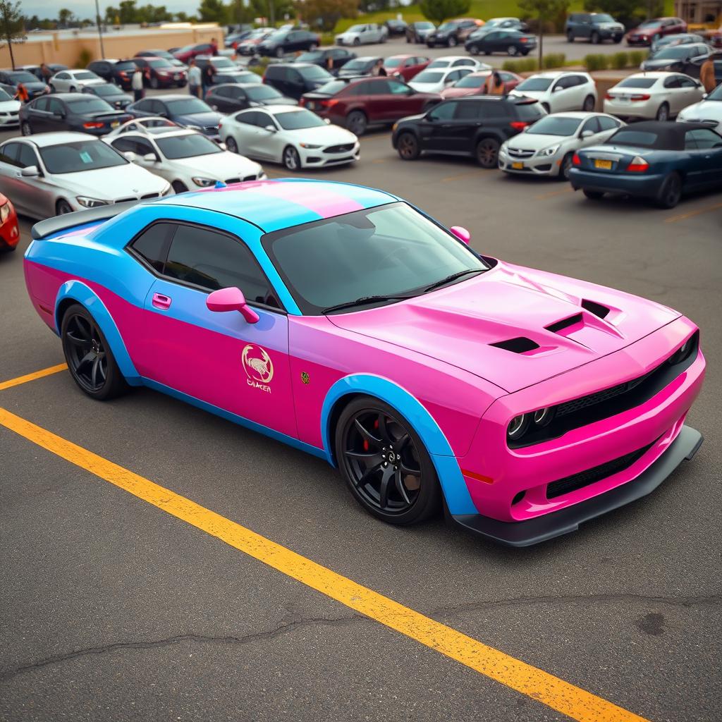 A pink and blue Hellcat sports car parked in a realistic parking lot, adorned with a Cancer zodiac sign sticker on its side