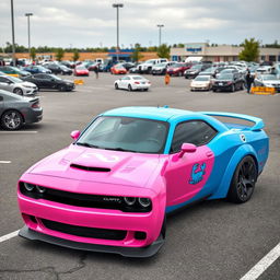 A pink and blue Hellcat sports car parked in a realistic parking lot, adorned with a Cancer zodiac sign sticker on its side