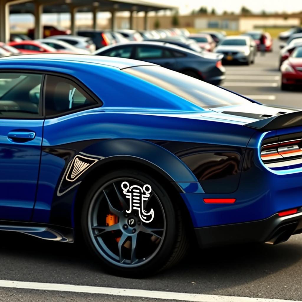 A blue and black Hellcat sports car parked in a realistic parking lot, featuring a Cancer zodiac sign sticker on its side