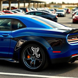 A blue and black Hellcat sports car parked in a realistic parking lot, featuring a Cancer zodiac sign sticker on its side