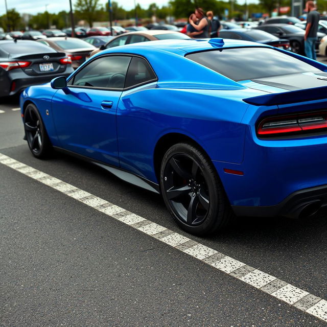 A blue and black Hellcat sports car parked in a realistic parking lot, featuring a Cancer zodiac sign sticker on its side