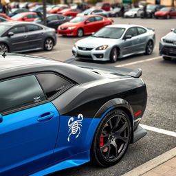 A blue and black Hellcat sports car parked in a realistic parking lot, featuring a Cancer zodiac sign sticker on its side