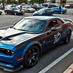 A blue and black Hellcat sports car parked in a realistic parking lot, featuring a Cancer zodiac sign sticker on its side