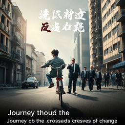 A captivating and cinematic movie poster featuring two eighteen-year-old boys riding a bicycle through the streets of a county in Shenyang, China