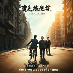 A captivating and cinematic movie poster featuring two eighteen-year-old boys riding a bicycle through the streets of a county in Shenyang, China