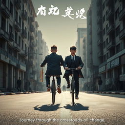 A captivating and cinematic movie poster featuring two eighteen-year-old boys riding a bicycle through the streets of a county in Shenyang, China