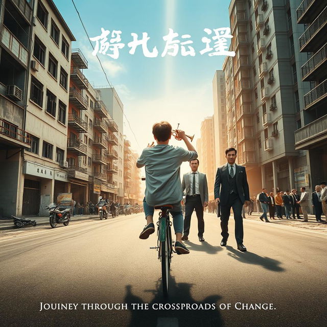 A captivating and cinematic movie poster featuring two eighteen-year-old boys riding a bicycle through the streets of a county in Shenyang, China