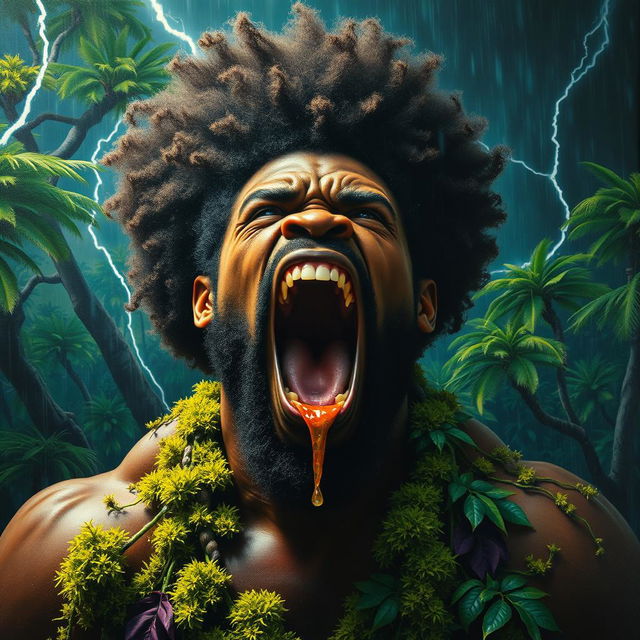 A polished, finished oil-based painting showcasing a full-body, extremely up-close macro view of an epic, enraged, and gorgeously ferocious muscular black-skinned man with an impressive afro