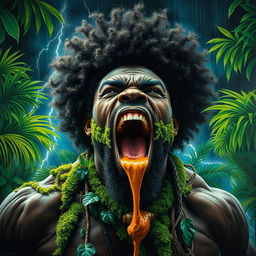 A polished, finished oil-based painting showcasing a full-body, extremely up-close macro view of an epic, enraged, and gorgeously ferocious muscular black-skinned man with an impressive afro