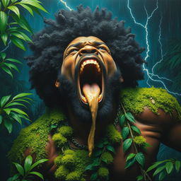 A polished, finished oil-based painting showcasing a full-body, extremely up-close macro view of an epic, enraged, and gorgeously ferocious muscular black-skinned man with an impressive afro