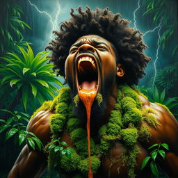 A polished, finished oil-based painting showcasing a full-body, extremely up-close macro view of an epic, enraged, and gorgeously ferocious muscular black-skinned man with an impressive afro