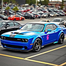 A blue and black Hellcat sports car parked in a realistic parking lot, featuring a pink Cancer zodiac sign sticker on its side