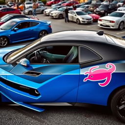 A blue and black Hellcat sports car parked in a realistic parking lot, featuring a pink Cancer zodiac sign sticker on its side