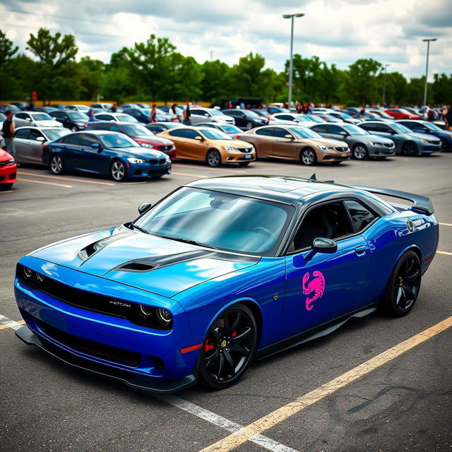 A blue and black Hellcat sports car parked in a realistic parking lot, featuring a pink Cancer zodiac sign sticker on its side