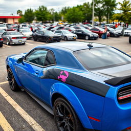 A blue and black Hellcat sports car parked in a realistic parking lot, featuring a pink Cancer zodiac sign sticker on its side