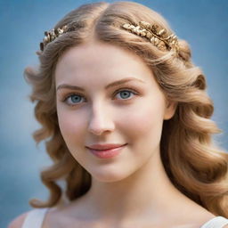 The face of Aphrodite, Greek goddess of love, portrayed as serenely beautiful, with soft features, gentle eyes, and a tranquil smile.