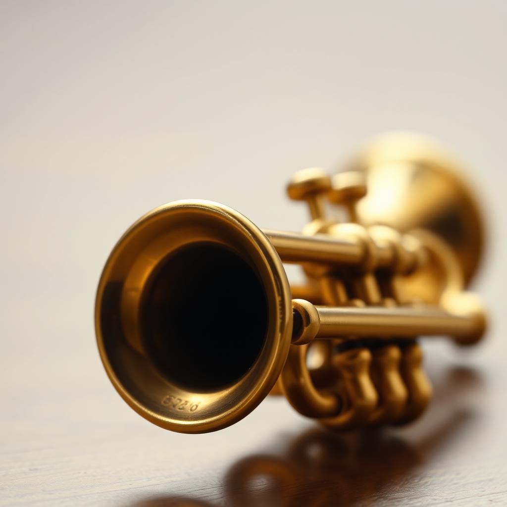 A detailed and exquisite depiction of a small, brass trumpet, finely crafted with intricate engravings along the bell