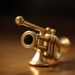 A detailed and exquisite depiction of a small, brass trumpet, finely crafted with intricate engravings along the bell