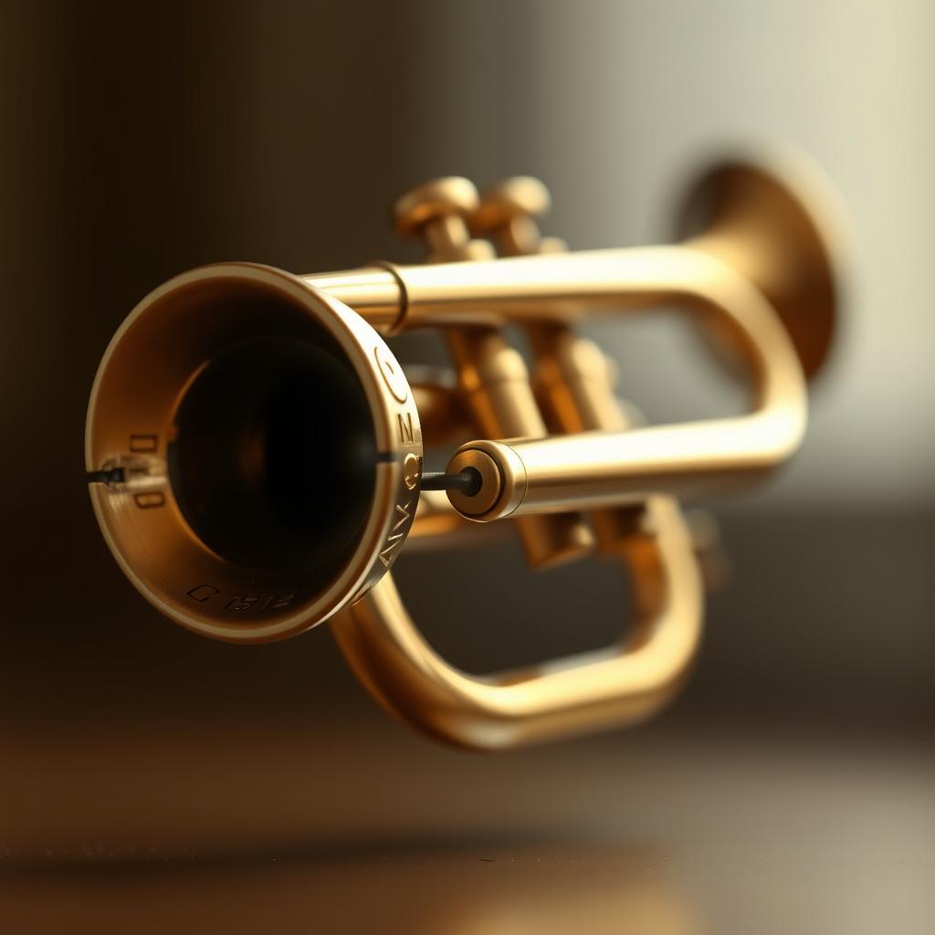 A detailed and exquisite depiction of a small, brass trumpet, finely crafted with intricate engravings along the bell