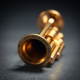 A detailed and exquisite depiction of a small, brass trumpet, finely crafted with intricate engravings along the bell