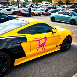 A yellow and black Mustang sports car parked in a realistic parking lot, featuring a pink Cancer zodiac sign sticker on its side