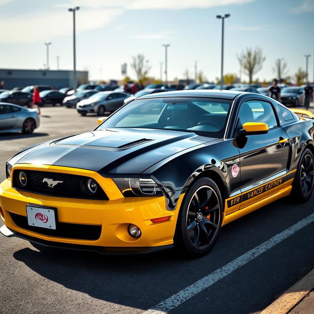 A yellow and black Mustang sports car parked in a realistic parking lot, featuring a pink Cancer zodiac sign sticker on its side