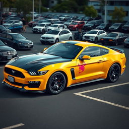 A yellow and black Mustang sports car parked in a realistic parking lot, featuring a pink Cancer zodiac sign sticker on its side