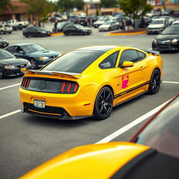 A yellow and black Mustang sports car parked in a realistic parking lot, featuring a pink Cancer zodiac sign sticker on its side