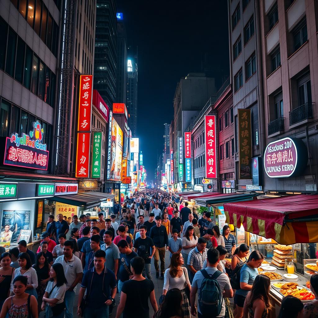 A bustling urban street scene at night, filled with vibrant energy