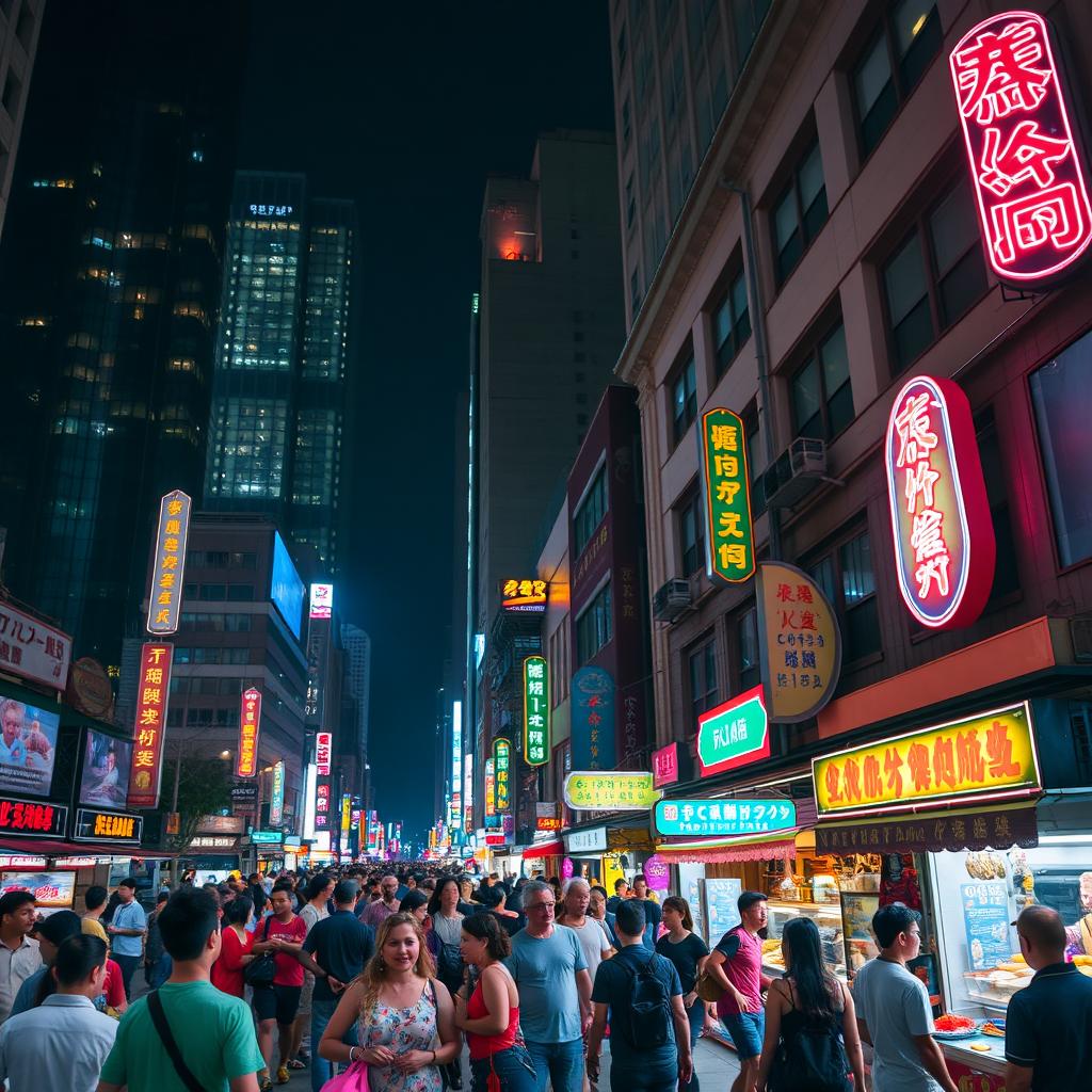 A bustling urban street scene at night, filled with vibrant energy