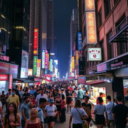 A bustling urban street scene at night, filled with vibrant energy