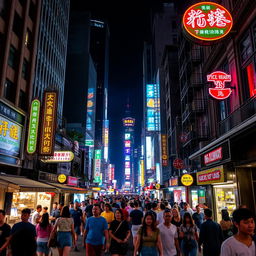 A bustling urban street scene at night, filled with vibrant energy