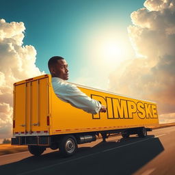 A Black man driving an all-yellow box truck with the word "PIMPSKE" in large, bold letters on the trailer