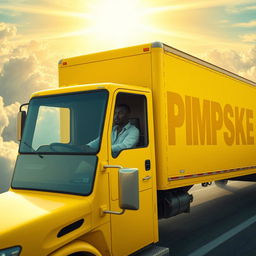 A Black man driving an all-yellow box truck with the word "PIMPSKE" in large, bold letters on the trailer