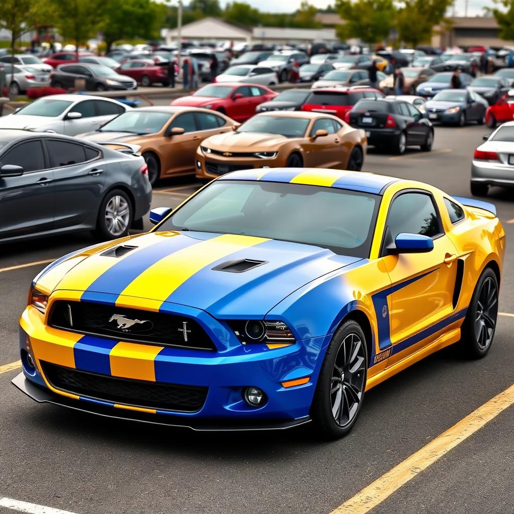 A yellow and blue Mustang sports car parked in a realistic parking lot