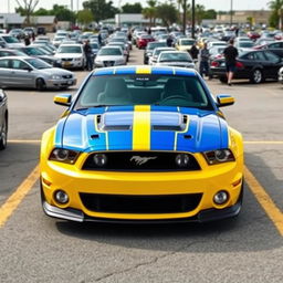 A yellow and blue Mustang sports car parked in a realistic parking lot