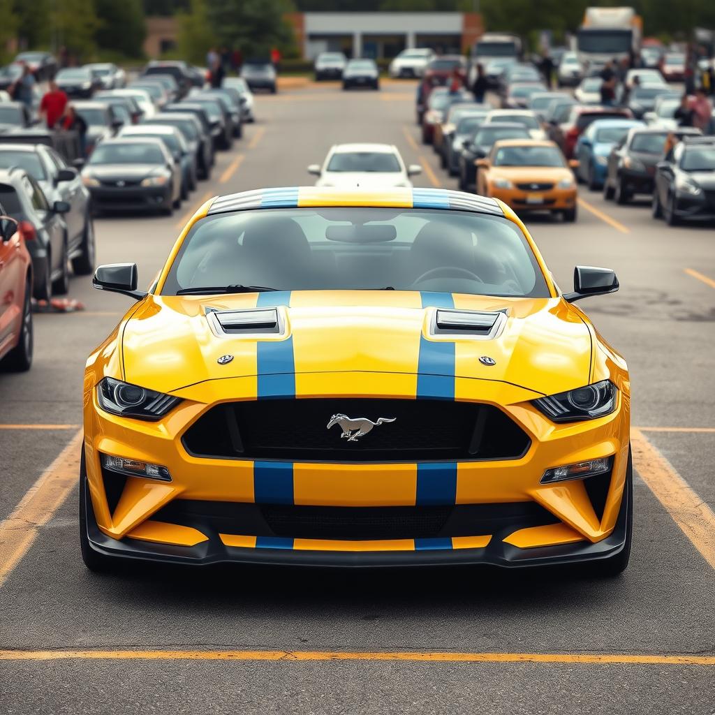 A yellow and blue Mustang sports car parked in a realistic parking lot