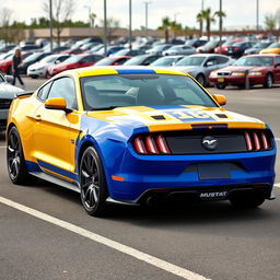 A yellow and blue Mustang sports car parked in a realistic parking lot