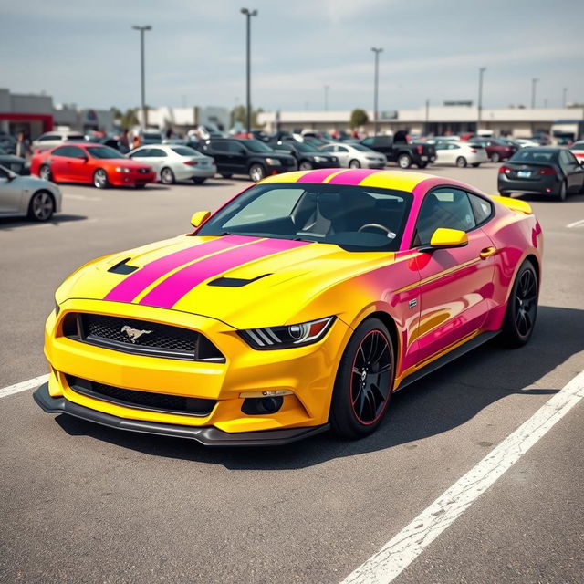 A yellow and pink Mustang sports car parked in a realistic parking lot