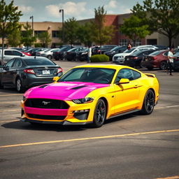 A yellow and pink Mustang sports car parked in a realistic parking lot