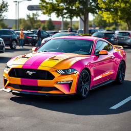 A yellow and pink Mustang sports car parked in a realistic parking lot