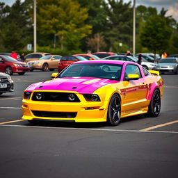 A yellow and pink Mustang sports car parked in a realistic parking lot